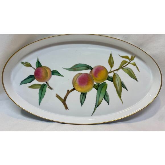 Vtg 1980s Royal Worcester Porcelain Evesham Gold Edge Oval Serving Tray ~Peaches - Picture 1 of 8